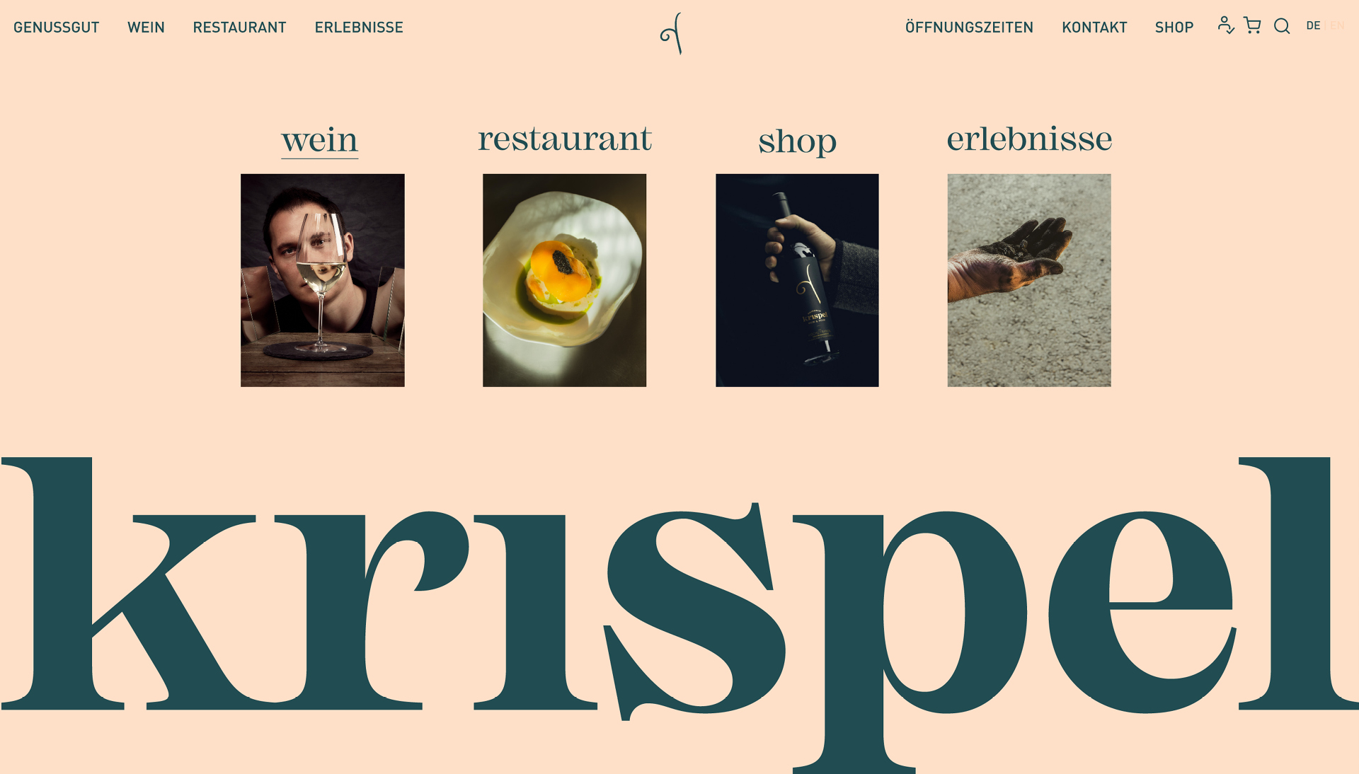 Screenshot der Startseite (Webdesign) des Genussguts Krispel mit vier Hauptkategorien: Wein, Restaurant, Shop und Erlebnisse, sowie dem markanten Krispel-Logo.