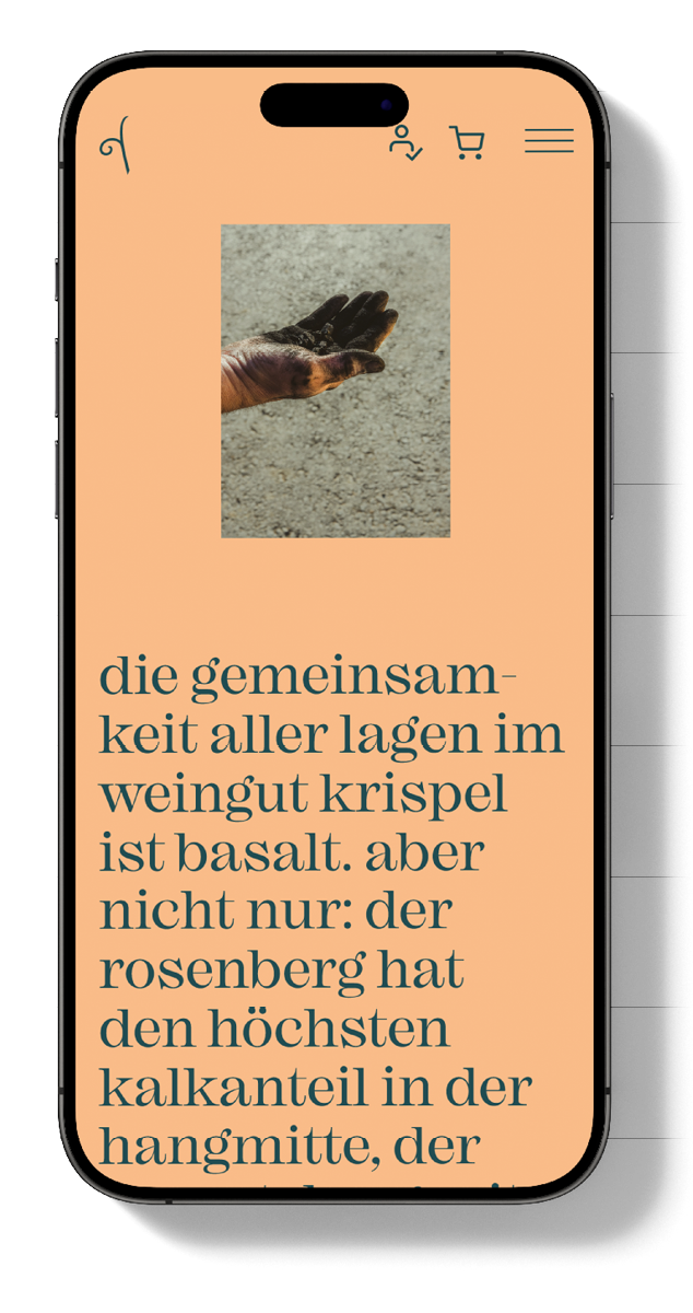 Mobilansicht einer Website (Webdesign). Nahaufnahme einer Hand, die Basaltboden im Weingut Krispel hält, mit Text zur Bodenbeschaffenheit und den Auswirkungen auf den Wein.